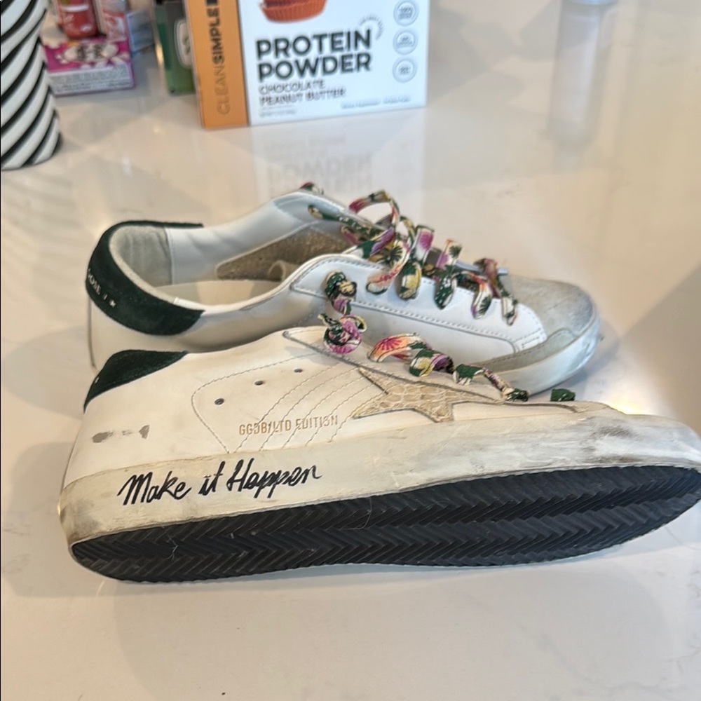 Golden Goose White and Green Sneakers Distressed Low-Top - Picture 2 of 7